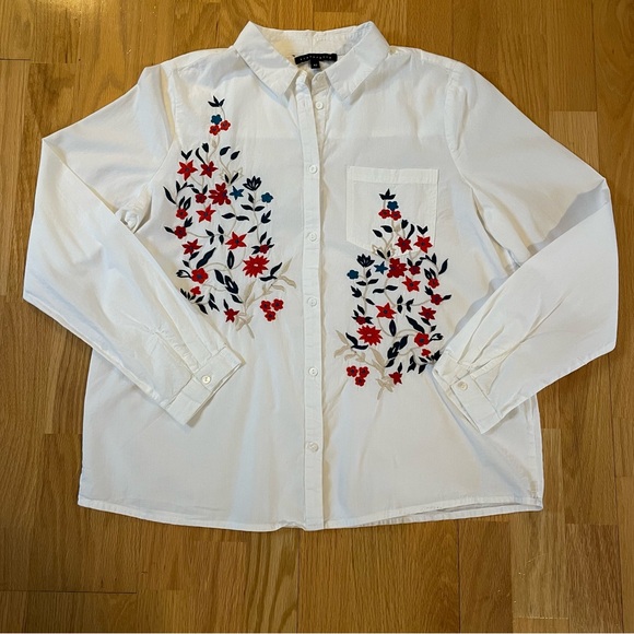 Tintoretto Anthropologie Floral Embroidered Button Down Cotton Blouse Size 42 - Picture 3 of 9